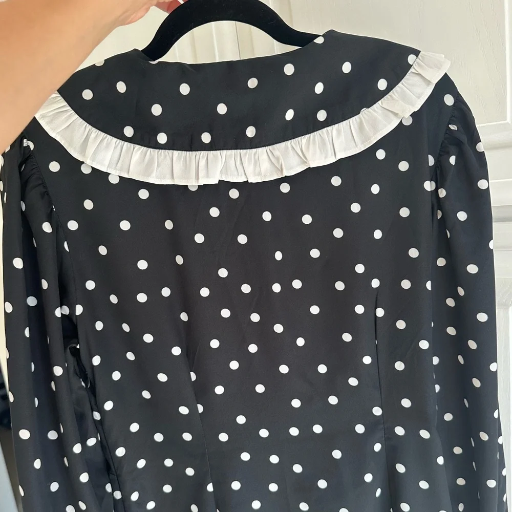 New Look Polka Dot Midi Dress Ruffle Collar Black White US 12 - Picture 7 of 7